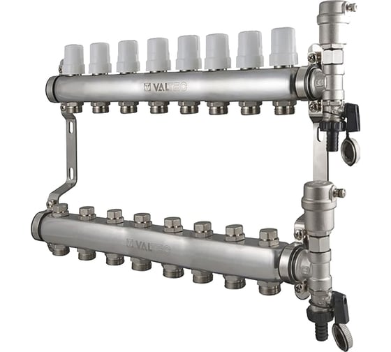 Изображение товара Коллекторная группа Valtec 1x8 выходов евроконус 3/4" нержавеющая сталь в сборе VTc.588.EMNX.0608