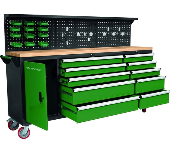 Изображение товара Передвижной металлический верстак Rockforce 485x1480x2130 мм, перфорация 530x2130 мм, деревянная столешница 40x485x2130 мм, шкаф одностворчатый 460x590x680 мм RF-01Y0109(46744)