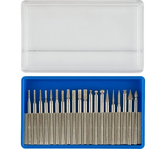 Изображение товара Набор мини-насадок Зубр с алмазным напылением в пластиковом боксе P 180 хвостовик диаметр 3 мм 20 предметов 33383-H20