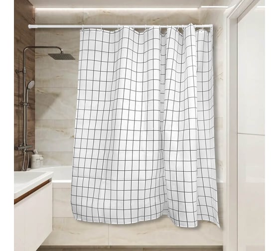Изображение товара Штора для ванной Сантис тканевая 90 г/кв.м pe-214 белая клетка 180x180 см 021057