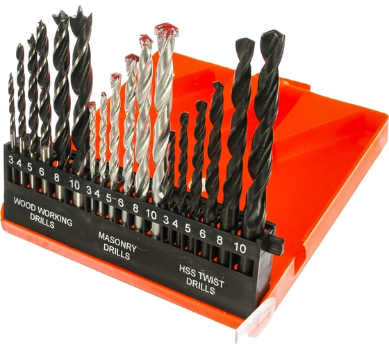 Изображение товара Набор сверл Sparta по бетону металлу дереву 3-4-5-6-8-10 мм 18 шт. пластиковый бокс цилиндрический хвостовик 725305