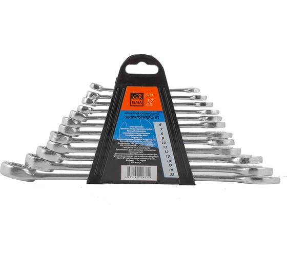 Изображение товара Набор комбинированных ключей ISMA 12 предметов (6-14, 17, 19, 22мм) в пластиковом держателе ISMA-5123(47973)
