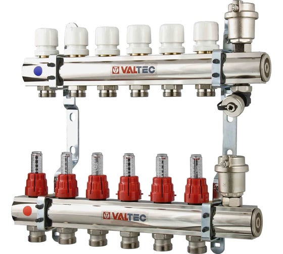 Изображение товара Коллекторная группа Valtec 1x7 выходов евроконус 3/4" со встроенными расходомерами в сборе VTc.596.EMNX.0607