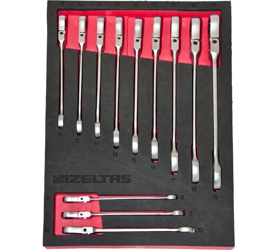 Изображение товара Набор комбинированных ключей с трещоткой и шарниром IZELTAS в ложементе 230x335 мм, 12 предметов 2965905412