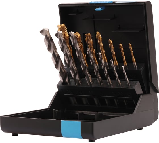 Изображение товара Набор машинных спиральных метчиков VOLKEL M3-M12 HSSE-TiN DIN371/376 (+ сверла) 14 предметов V47848