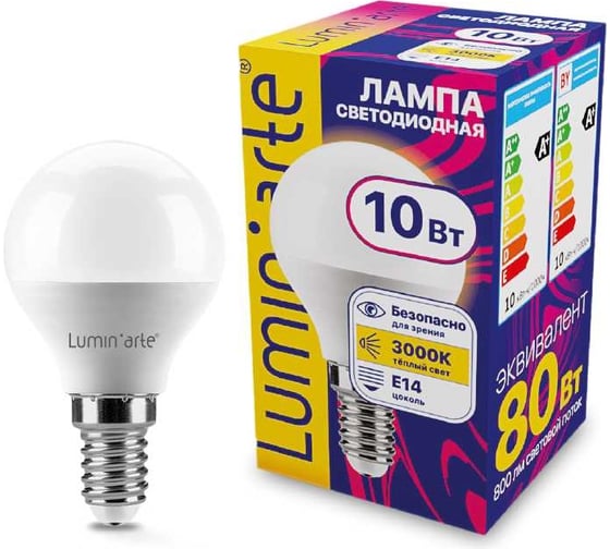 Изображение товара Светодиодная лампа Lumin'arte 10 Вт, 3000К Теплый свет, цоколь Е14, световой поток 800 Лм LSTD-G45-10W3KE14