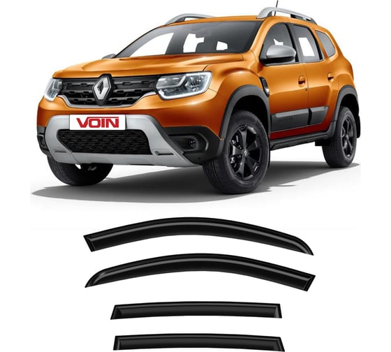 Изображение товара Дефлекторы окон для автомобиля VOIN Renault Duster 2011-2021, Nissan Terrano 2014-н.в. кроссовер, накладные, 4 шт. DEF00762