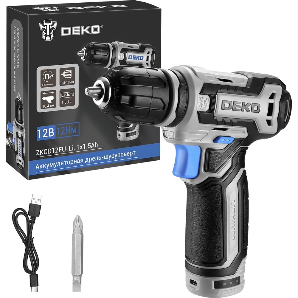 Изображение товара Дрель-шуруповерт DEKO ZKCD12FU-Li 12В, 1x1.5Ач, фонарь, быстрой зажимной патрон Изображение товара Дрель-шуруповерт DEKO ZKCD12FU-Li 12В, 1x1.5Ач, фонарь, быстрой зажимной патрон