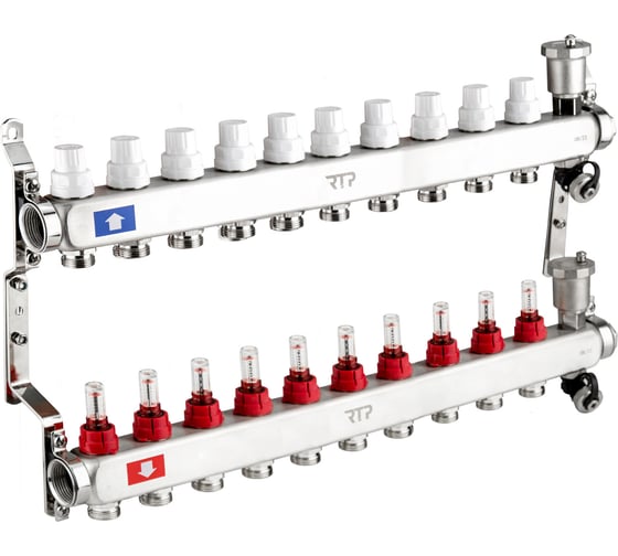 Изображение товара Коллекторная группа с регулирующими клапанами, расходомерами, воздухоотводчиками, обратными и дренажными клапанами, кронштейном RTP (евроконус 3/4") нержавеющая сталь sus 304 1"х 10 выходов, 42502