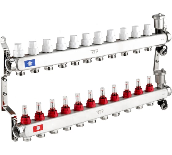 Изображение товара Коллекторная группа с регулирующими клапанами, расходомерами, воздухоотводчиками, обратными и дренажными клапанами, кронштейном RTP (евроконус 3/4") нержавеющая сталь sus 304 1"х 11 выходов, 42503