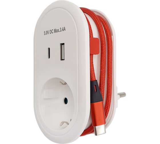 Изображение товара Адаптер с розеткой ООО "ОПТИКОМ ЭЛЕКТРИК" 16a, usb + type c 3,4а и встроенным кабелем type c 2,4а 1284.1201