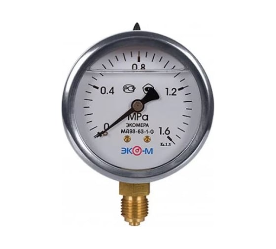 Изображение товара Манометр экомера ЭКО-М мд93-63мм, 0..1,6 мпа, g1/4, (гидрозаполненный) осевой МД93-63-G-1,6МПа-ОИ