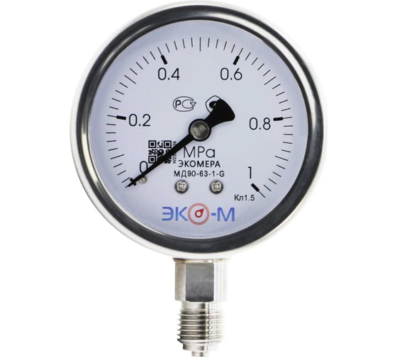 Изображение товара Манометр экомера ЭКО-М мд90-63мм, 0..1мпа, g1/4, гидрозаполненный МД90-63-G-1МПа