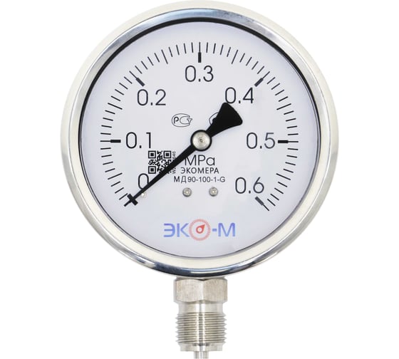 Изображение товара Манометр экомера ЭКО-М мд90-100мм, 0..0,6мпа, м20.1,5, гидрозаполненный МД90-100-М-0,6МПа