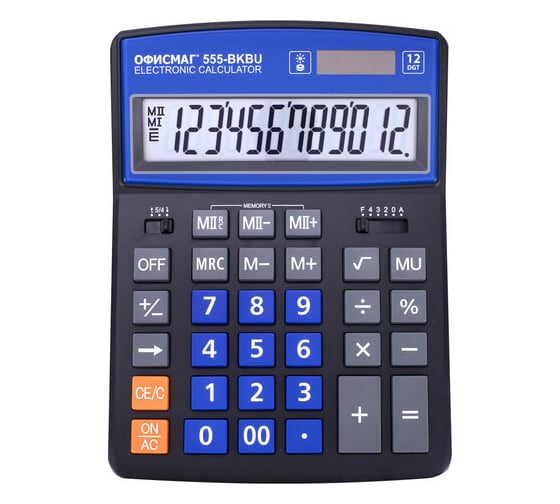 Изображение товара Калькулятор настольный ОФИСМАГ 555-BKBU 206x155 мм, 12 разрядов, двойное питание, черно-синий 271927