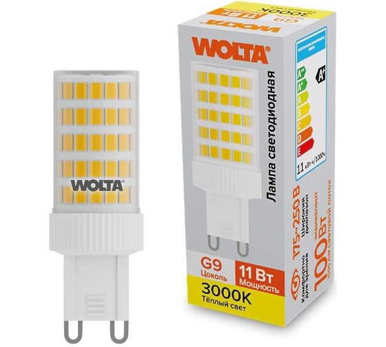 Изображение товара Светодиодная лампа Wolta 11вт 3000k теплый свет, цоколь g9, материал корпуса-керамика, WSTD-JCD-11W3KG9-C
