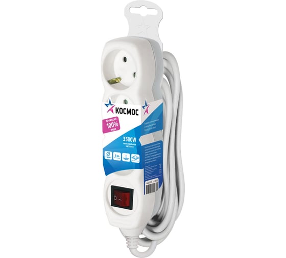 Изображение товара Удлинитель Космос 3м, 3гн. земля, выключ. ПВС 1мм2 YKsm3m-3g-Z-V/K/