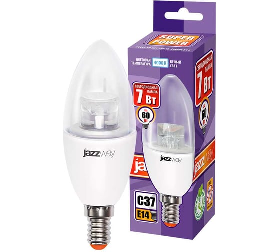 Изображение товара Светодиодная лампа Jazzway PLED-SP 7Вт C37 свеча прозрачная 4000К нейтральный белый E14 560лм 230В/50Гц 2853127