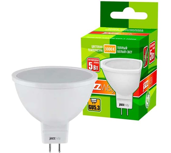 Изображение товара Светодиодная лампа Jazzway PLED-ECO 5Вт JCDR MR16 рефлектор матовая 3000К теплый белый GU5.3 400лм 230В/50Гц 1037077A