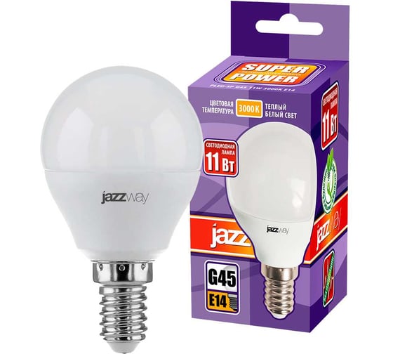 Изображение товара Светодиодная лампа Jazzway PLED-SP 11Вт шар G45 3000К теплый белый E14 950лм 230В/50Гц 5019249