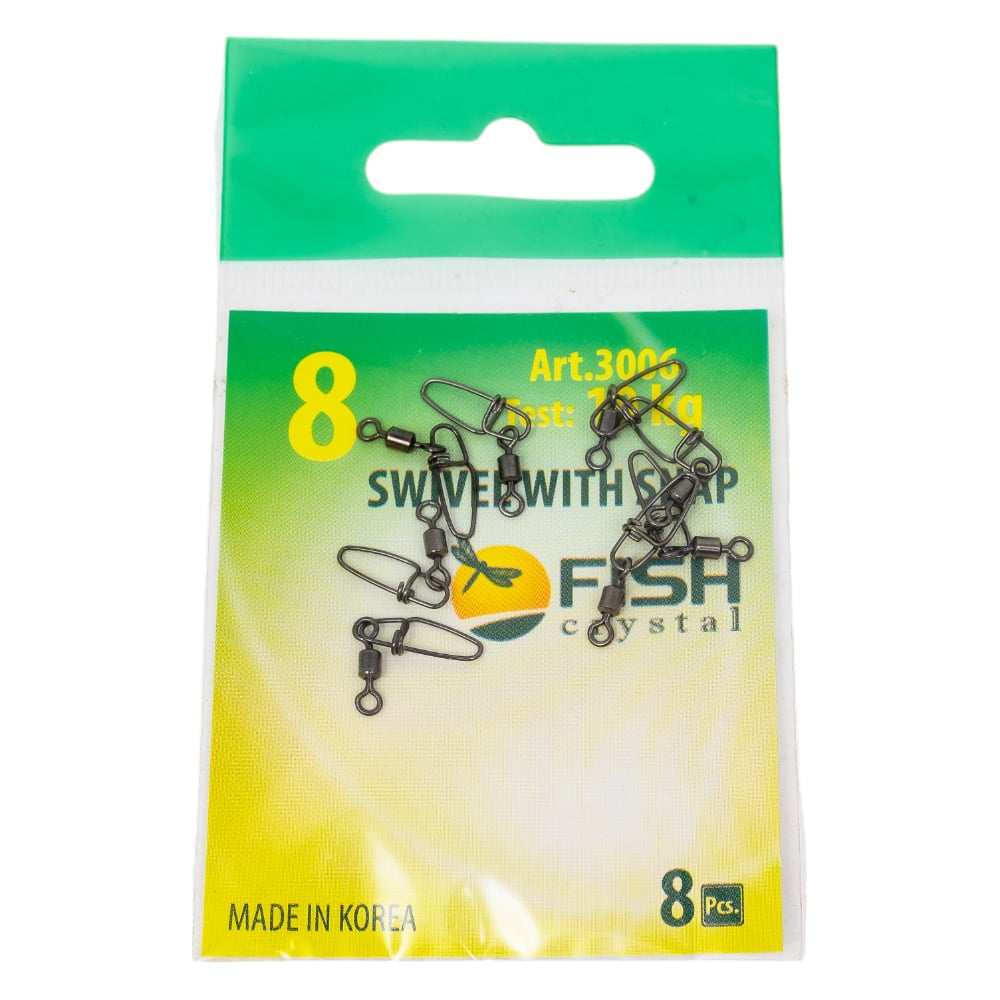 Вертлюжок с застежкой FISHCRYSTAL Insurance, №8, 10 кг, 8 шт 3006-08F