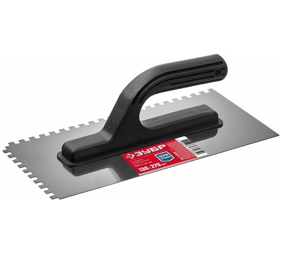 Изображение товара Гладилка Мастер Зубр 130x270 мм, 6x6 мм, штукатурная зубчатая нержавеющая с пластиковой ручкой 08042-06