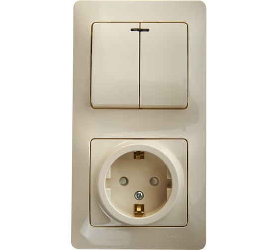 Изображение товара Блок Systeme Electric Glossa бежевый розетка с заземлением, со шторками и 2-клавишный выключатель с подсветкой GSL000275