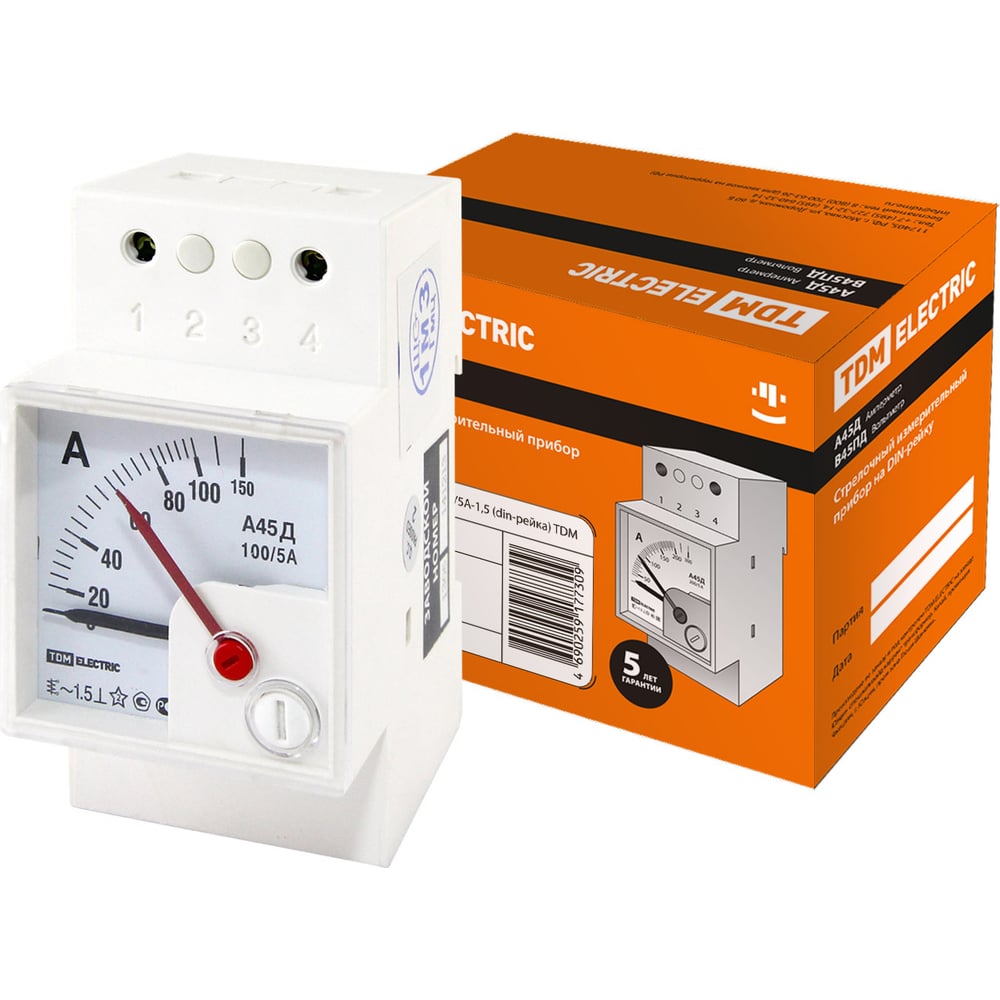 Изображение товара Амперметр TDM ELECTRIC А45Д 100/5А-1,5 для измерения переменного тока на дин-рейку