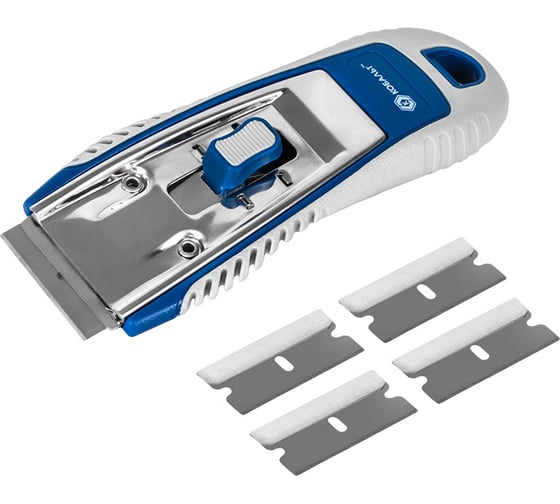 Изображение товара Скребок КОБАЛЬТ строительный, для глад. пов-й, лезвие 39мм, корпус из AБС пластика, мет. напр-я, 5 лезвий в компл., блистер 916-707