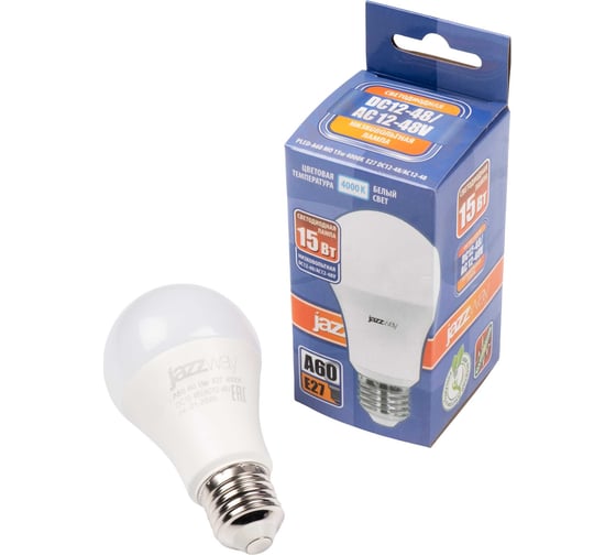 Изображение товара Светодиодная лампа Jazzway низковольтная PLED-A60 MO 15Вт 4000К холодный белый E27 12-48В AC/DC 5050563