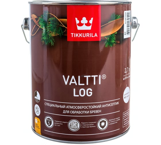 Изображение товара Антисептик Tikkurila VALTTI LOG специальный для бревен, атмосферостойкий, бесцветный 2,7л 51836 700010346