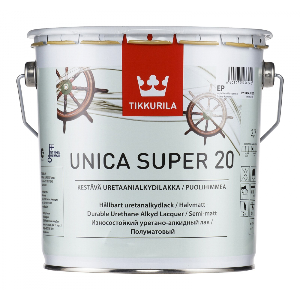 фото Универсальный лак tikkurila unica super 20 алкидно-уретановый износостойкий, полуматовый 0,9л 55964040110