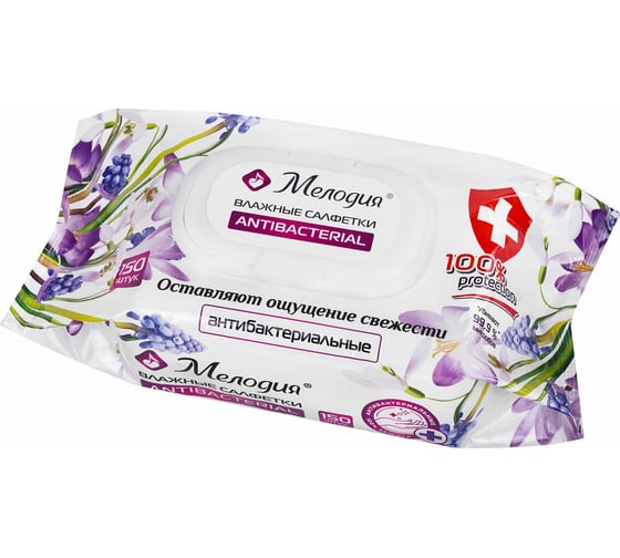 Изображение товара Салфетки влажные МЕЛОДИЯ 150 шт., Антибактериальные, с пластиковым клапаном 115226
