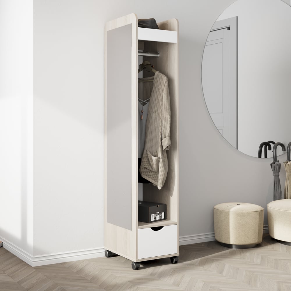 Изображение товара Вешалка комбинированная ТриЯ Лайт дуб гарден/белый глянец с зеркалом и колесами