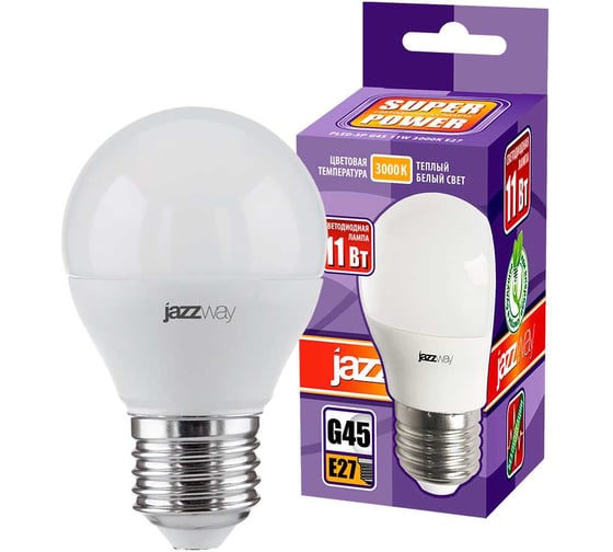Изображение товара Светодиодная лампа Jazzway PLED-SP 11Вт шар G45 3000К теплый белый E27 950лм 230В/50Гц 5019331