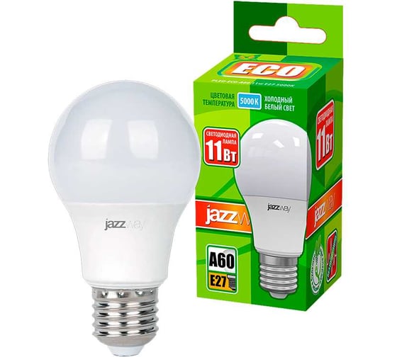 Изображение товара Светодиодная лампа Jazzway PLED-ECO 11Вт A60 грушевидная 5000К холодный белый E27 840лм 230В/50Гц 1033222