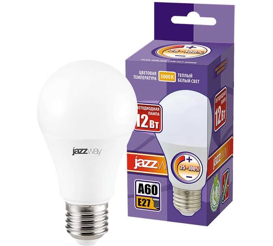 Изображение товара Светодиодная лампа Jazzway диммируемый PLED-DIM A60 12Вт грушевидная 3000K теплый белый 1060лм E27 230В/50Гц 2855879