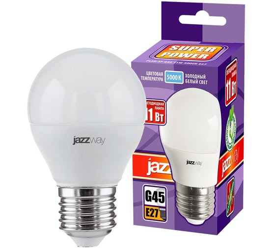 Изображение товара Светодиодная лампа Jazzway PLED-SP 11Вт шар G45 5000К холодный белый E27 950лм 230В/50Гц 5019393