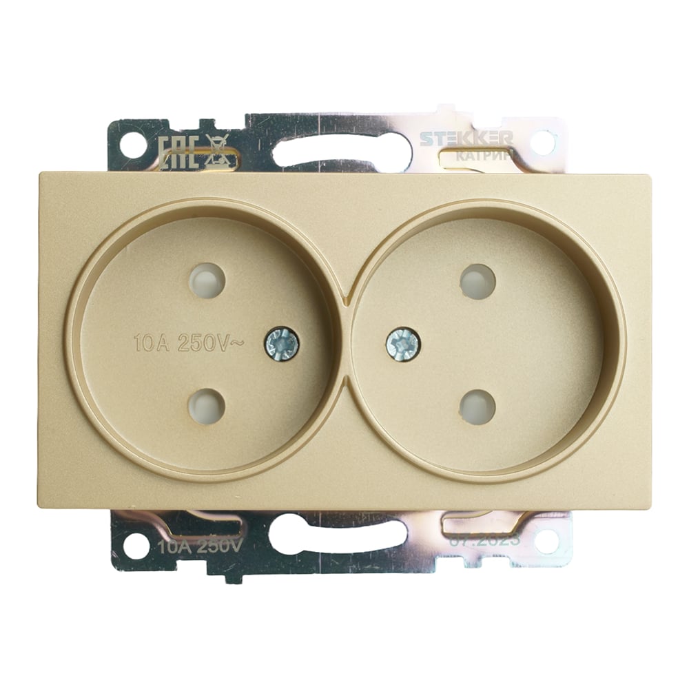 Изображение товара Розетка 2-местная STEKKER с защитной шторкой и механизмом, IP20, 250В, 10А, золото