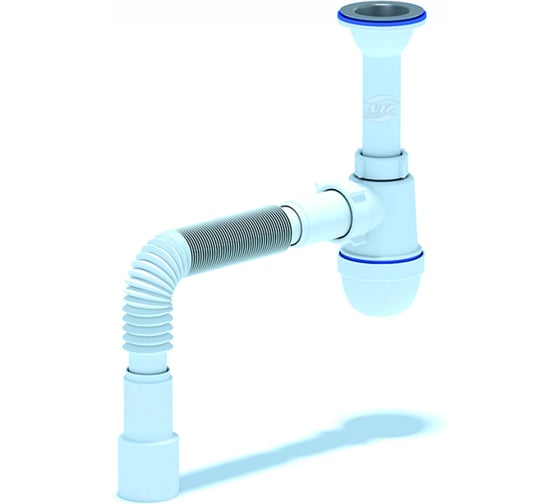 Изображение товара Сифон для умывальника/мойки АНИ Пласт бутылочный, литой выпуск, 1 1/2 дюйма x 40 мм, гофрированный, 40х50 мм, нержавеющая сетка C0515 025-0137