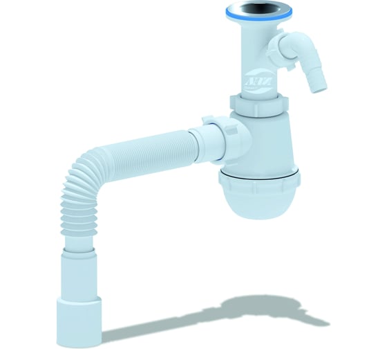 Изображение товара Сифон для умывальника/мойки АНИ Пласт бутылочный, литой выпуск, 1 1/2 дюйма x 40 мм, гофрированный, 40х40/50 мм, отвод, нержавеющая сетка A2015 025-0134