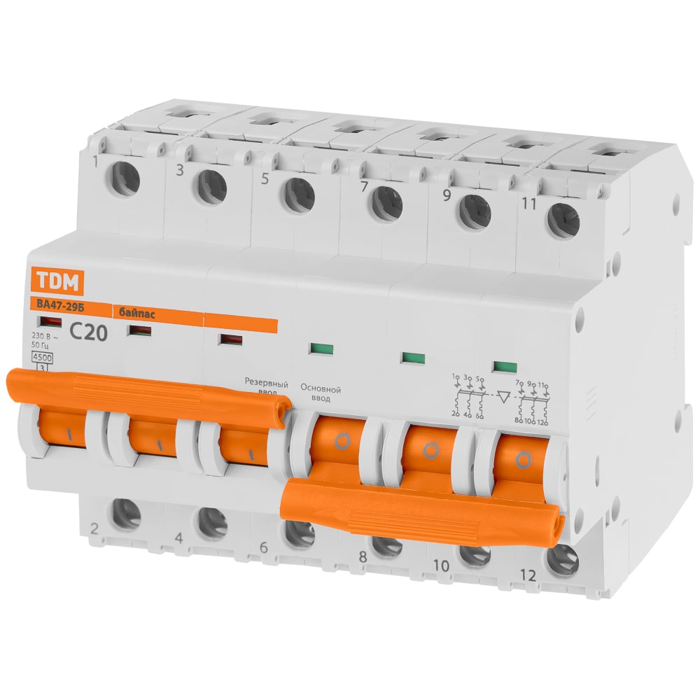 Изображение товара Автоматический выключатель ВА47-29Б 3Р+3Р TDM ELECTRIC 20А 4,5кА IP20