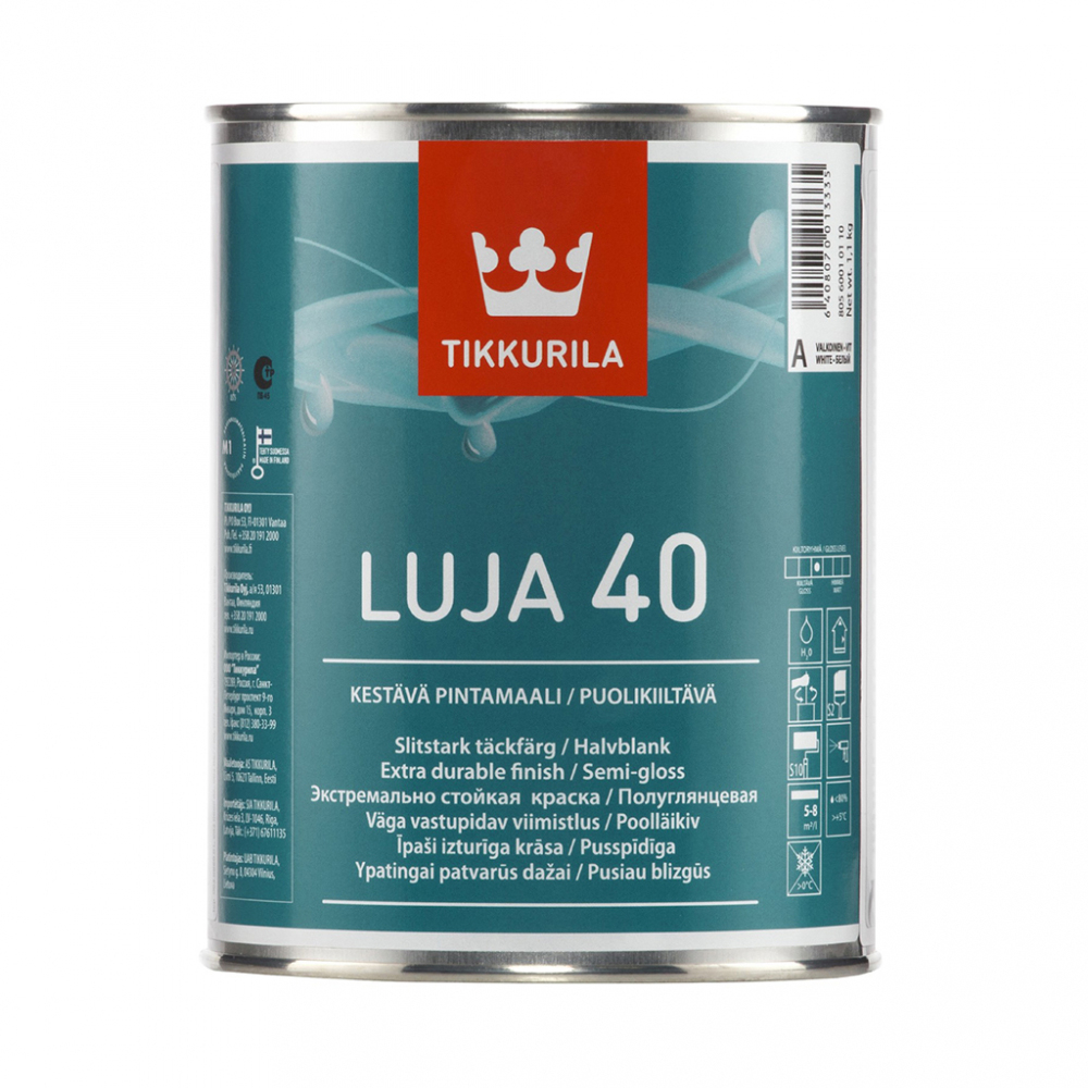 фото Антигрибковая краска tikkurila luja 40 для влажных помещений, полуглянцевая, база a 0,9л 80560010110