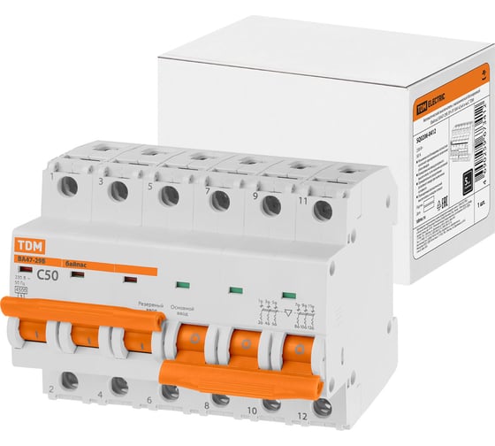 Изображение товара Автоматический выключатель с механической блокировкой (байпас) ВА47-29Б TDM ELECTRIC 3Р+3Р 50А 4,5кА х-ка C SQ0206-0412