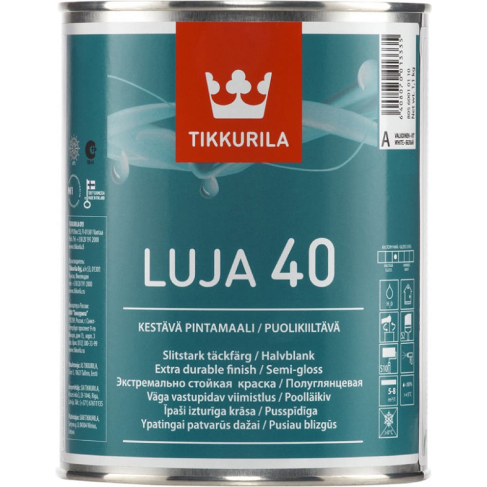 фото Антигрибковая краска tikkurila luja 40 для влажных помещений, полуглянцевая, база a 9л 80560010160