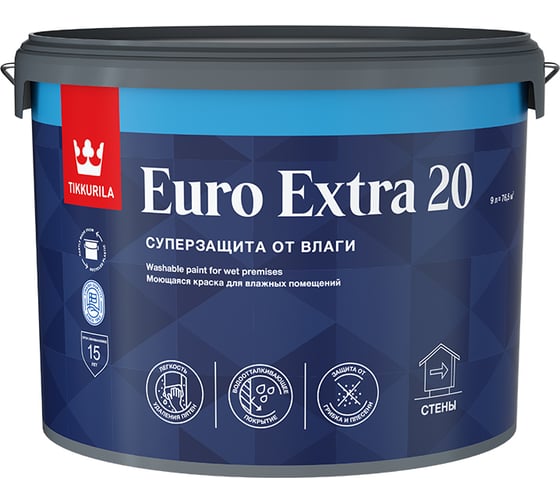 Изображение товара Краска Tikkurila EURO EXTRA 20 моющаяся для влажных помещений, база A 9л 700001107