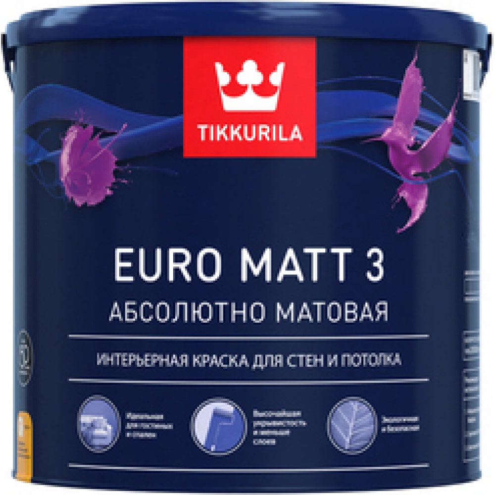 фото Интерьерная краска tikkurila euro matt 3 для стен и потолков, абсолютно матовая, база a 0,9л 700001111