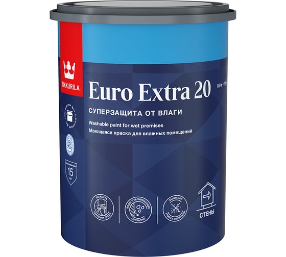 Изображение товара Краска Tikkurila EURO EXTRA 20 моющаяся для влажных помещений, база A 0,9л 700001105