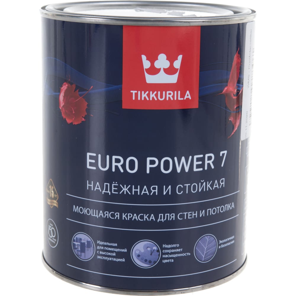 фото Краска tikkurila euro power 7 моющаяся для стен и потолка, матовая, база a 0,9л 700001118