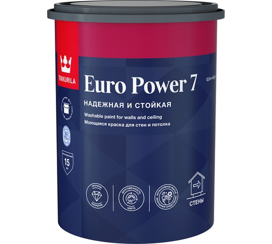 Изображение товара Интерьерная краска Tikkurila стойкая к мытью EURO POWER 7 база A матовая 0,9 л 700001118